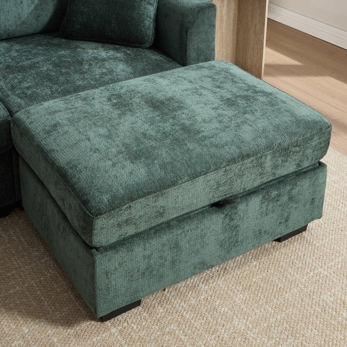 Modern Storage Sofa with Dual USB, 2 Side Pockets,Ottoman Storage Bench Cloud Sectional Chenille Sofa Oversized,4-Seat, L-Shaped Couch,Black