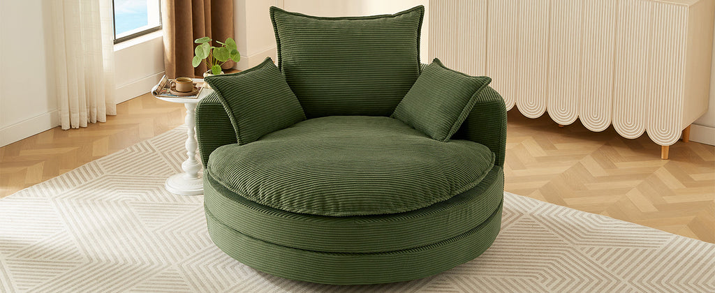 Corduroy Swivel Barrel Chair — 360° with Removable Pillows