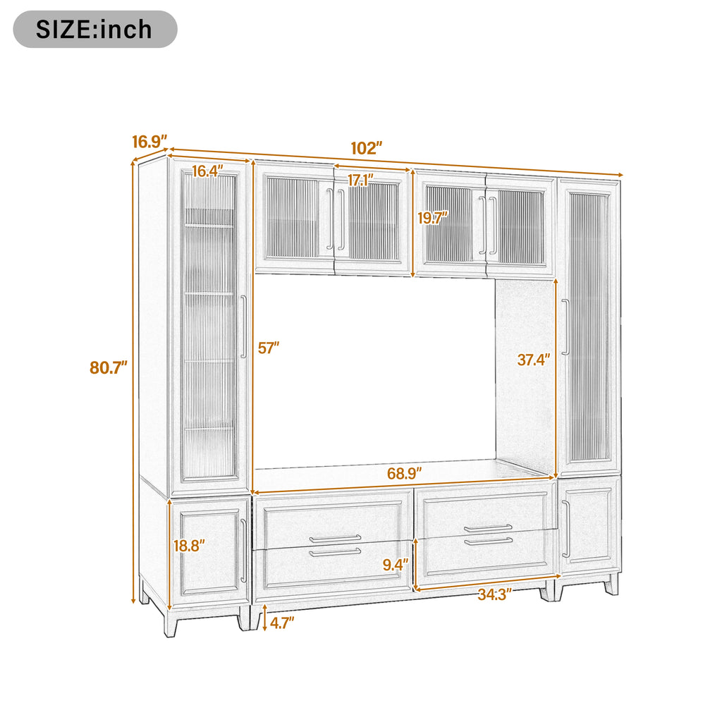 Black wall unit entertainment center fluted glass doors detail