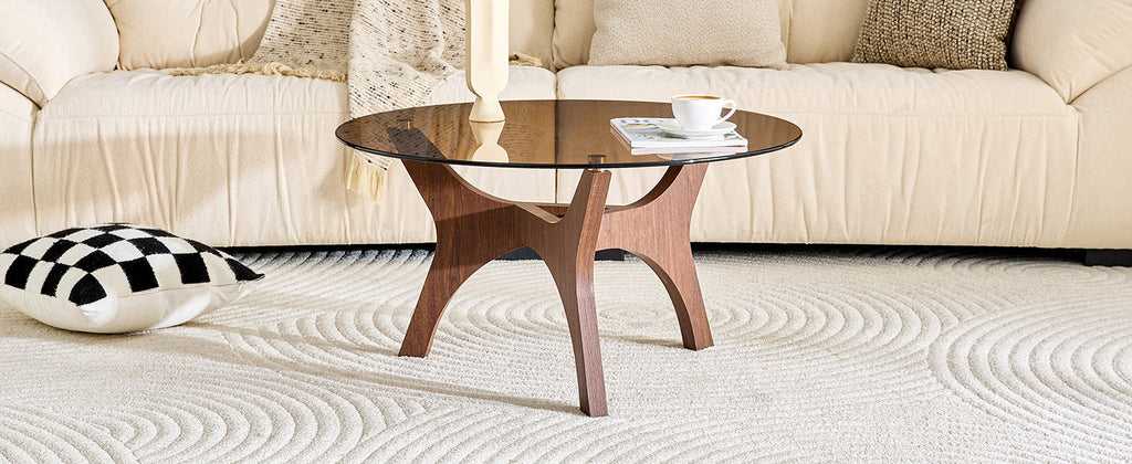 31.5' Glass Coffee Table, Mid-Century Modern Style, Ideal as a Centerpiece for Living Rooms, Bedrooms, Reception Areas, and Offices (Black Wood Grain)