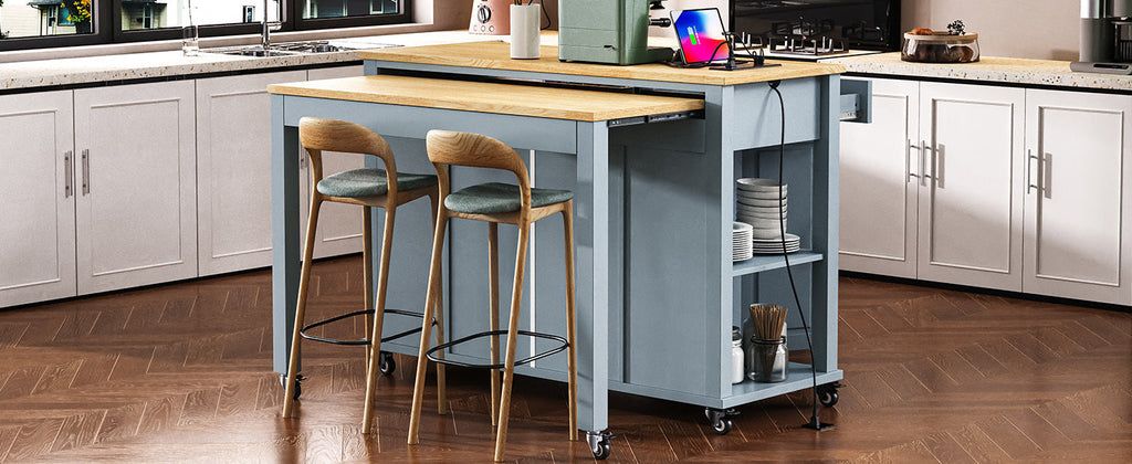 K&K 47 inch Kitchen Island with Extendable Dining Table, Rubber Wood Veneer Kitchen Table with Internal Storage Rack, Power Outlet, Kitchen island with Storage 2 Drawers 2 Cabinet, Black