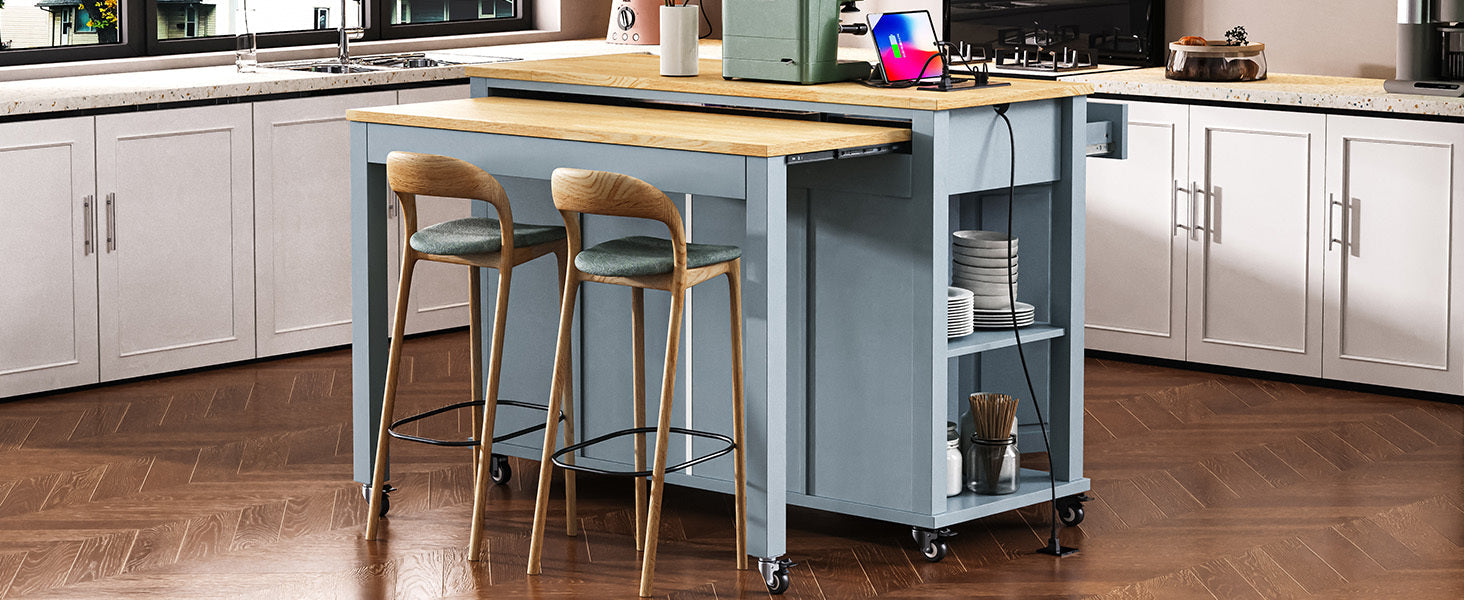 K&K 47 inch Kitchen Island with Extendable Dining Table, Rubber Wood Veneer Kitchen Table with Internal Storage Rack, Power Outlet, Kitchen island with Storage 2 Drawers 2 Cabinet, Black