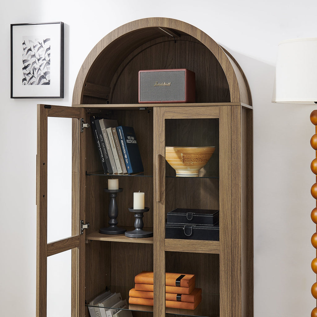 A high arched storage cabinet with a lamp, a modern retro-style wooden storage cabinet with adjustable glass partitions, suitable for use as a multi-functional cabinet in kitchens-Black