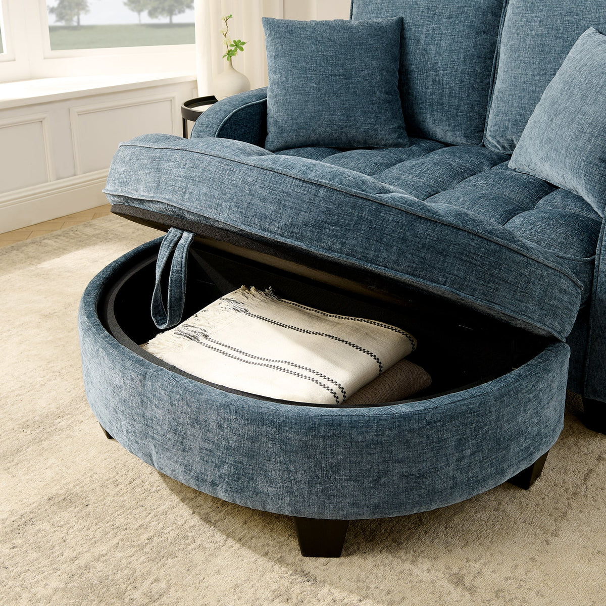 Two-seater sofa, double sofa chaise longue, with irregular armrests and backrests, footrest with storage space, comes with two small throw pillows, suitable for living room and bedroom -Blue