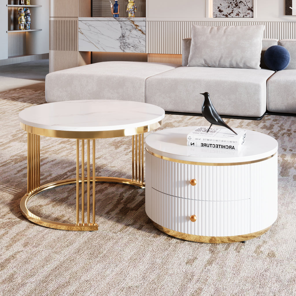 Nesting table set with gold pedestal legs — top view