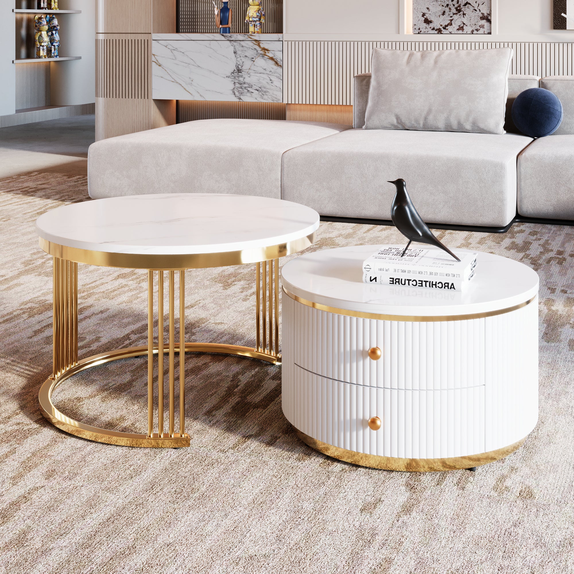 Nesting table set with gold pedestal legs — top view