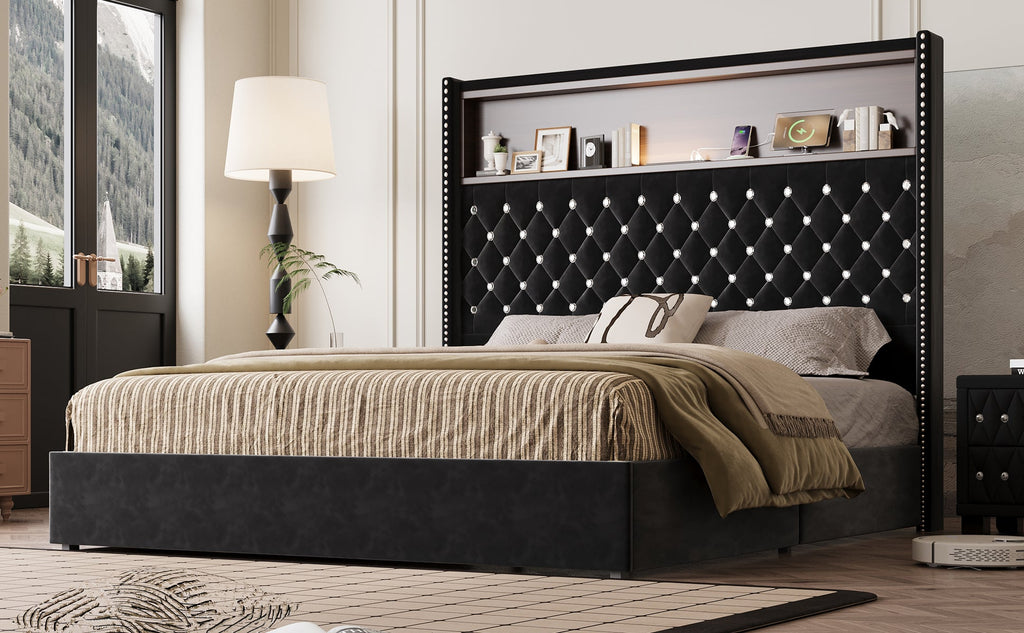 Queen Size Velvet Tufted Soft Bed Frame with USB Port and Night Light,52'' High Headboard with Rivet Decoration, Wing-back Platform Bed with Headboard Shelf, Beige