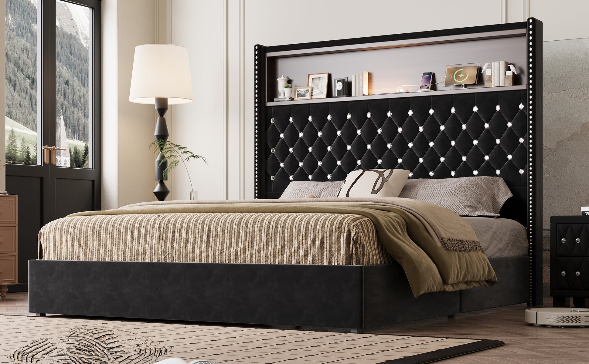 Queen Size Velvet Tufted Soft Bed Frame with USB Port and Night Light,52'' High Headboard with Rivet Decoration, Wing-back Platform Bed with Headboard Shelf, Beige