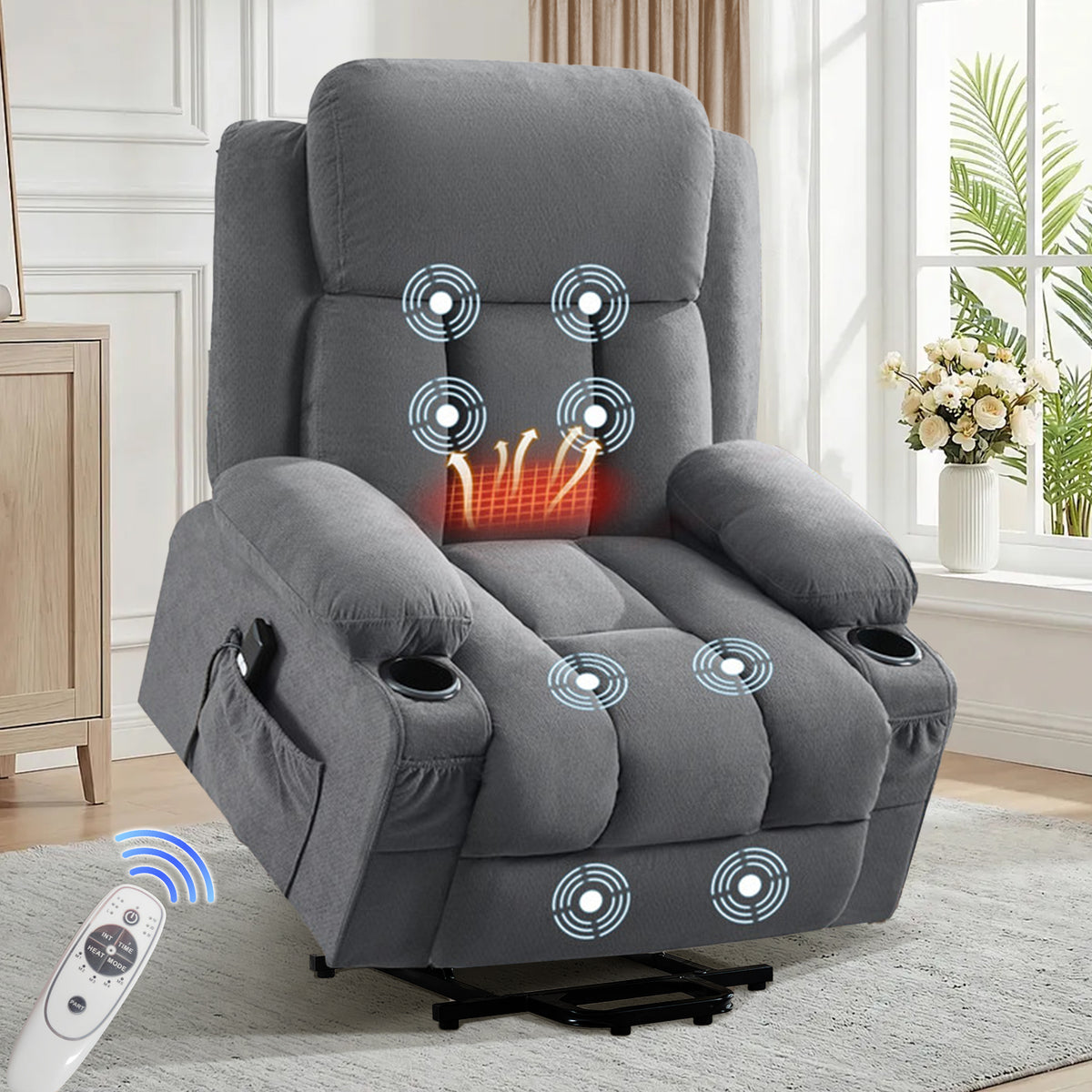 Power Lift Recliner Chair with Heat and Massage Electric Fabric Recliner Chair for Elderly with Side Pocket, USB Charge Port, Remote Control for Living Room