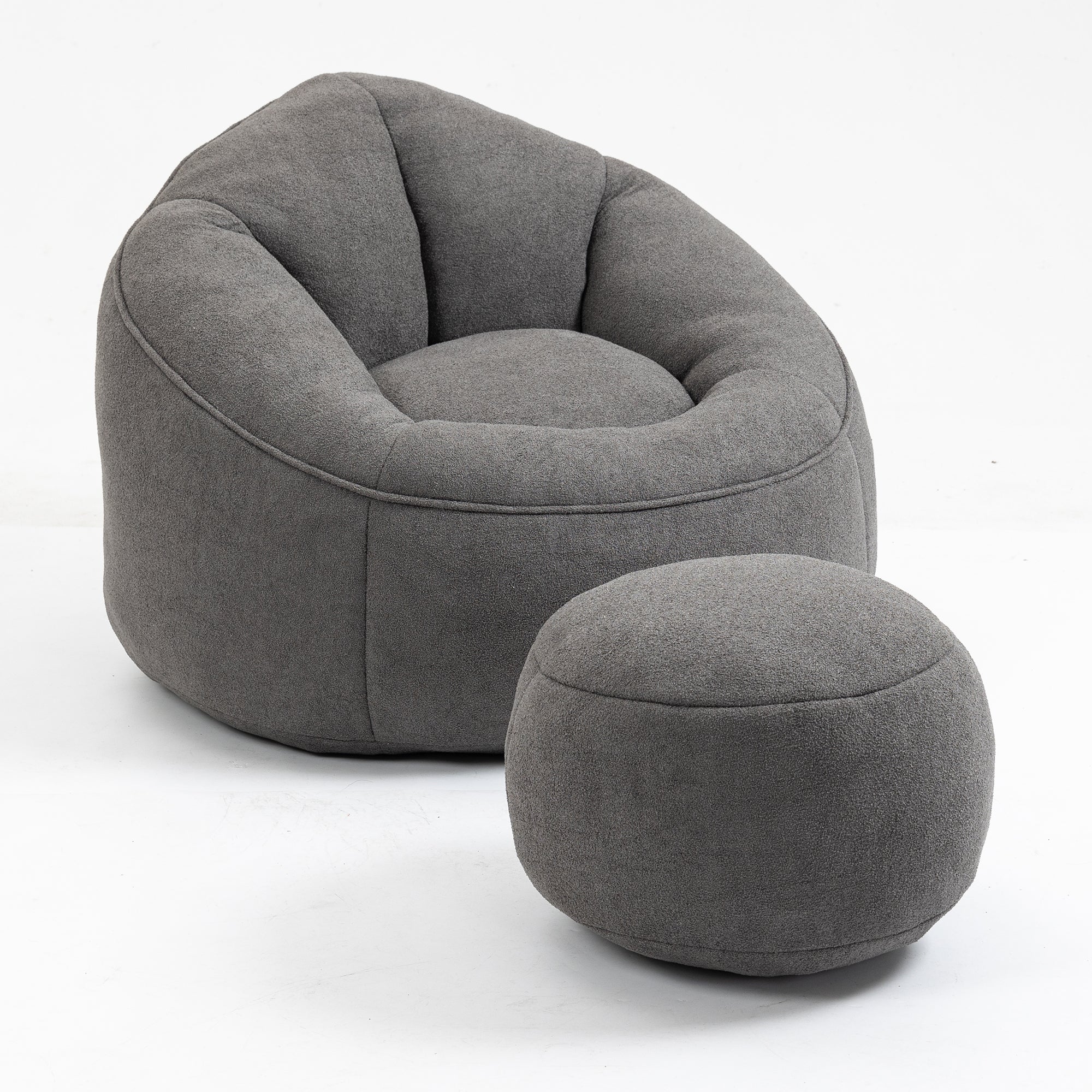 Grey microfiber bean bag sofa chair with footrest — front view