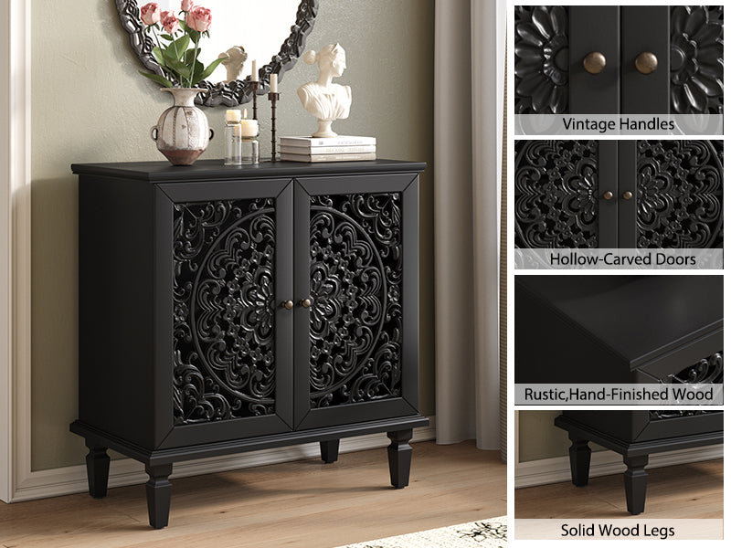 Vintage Hollow-Carved Accent Cabinet, 2-Door Display Storage Sideboard with Symmetrical Floral Design, Adjustable Shelf and Solid Wood Legs for Living Room Entryway(Antique Green)