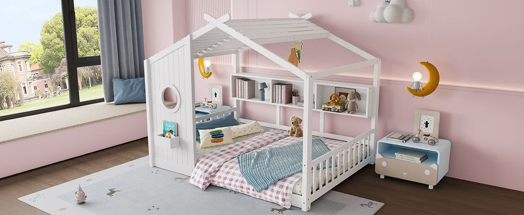 Full Size Floor House Bed for Toddler, Kids Montessori Bed with Storage Shelf, Playhouse Bed with Roof Design, Gray