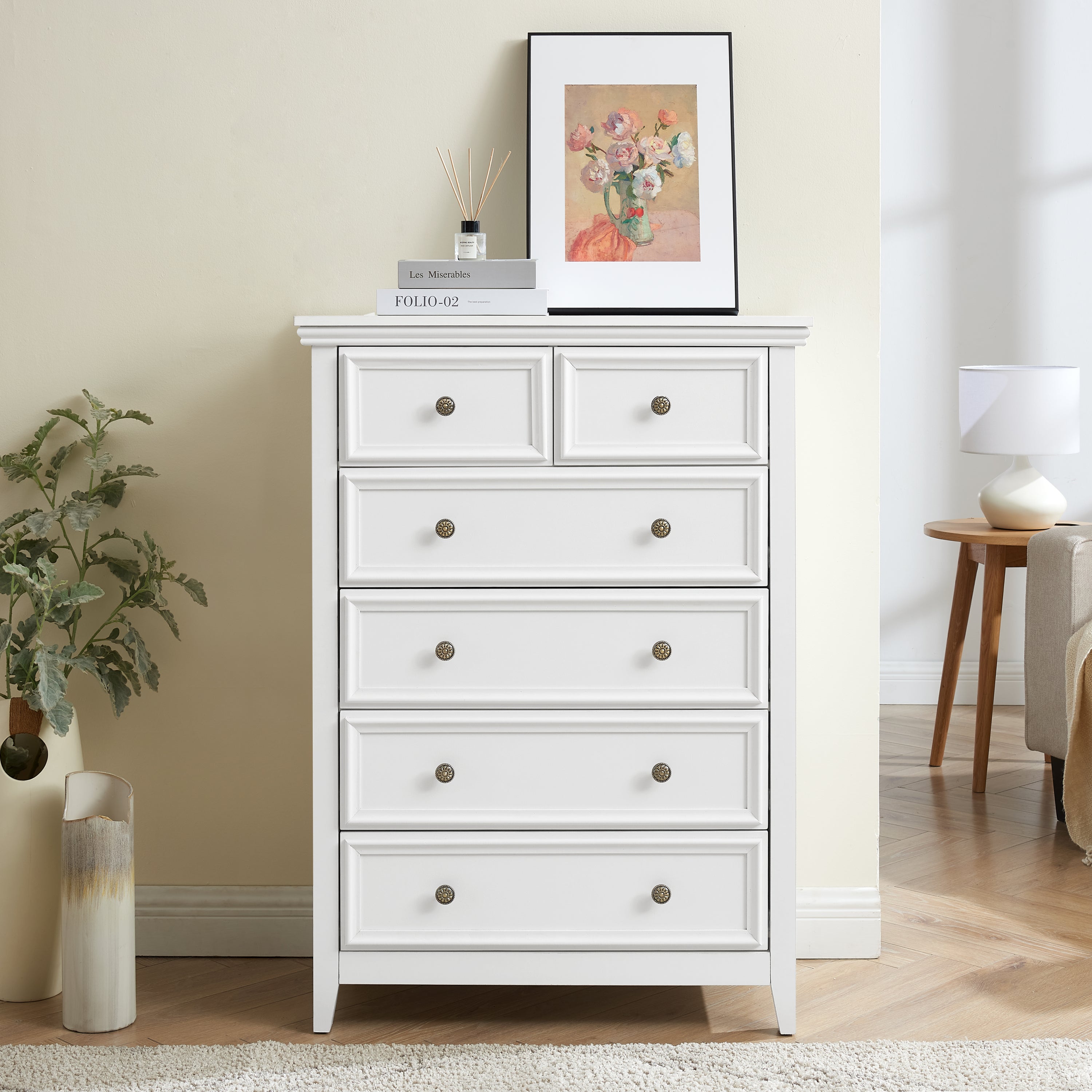 Modern 6-drawer chest of drawers white finish full view