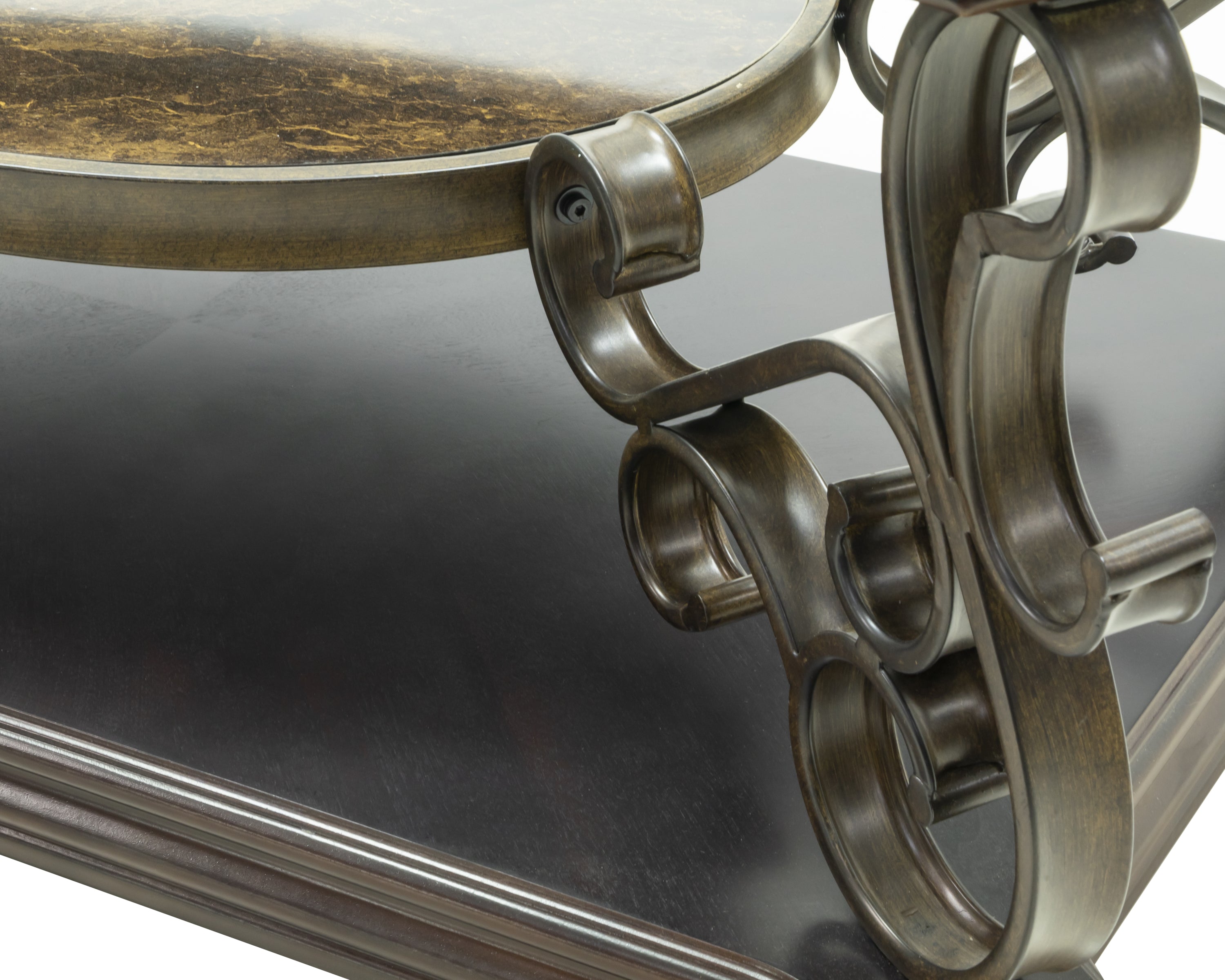 Dark brown cocktail table beveled glass edge close-up