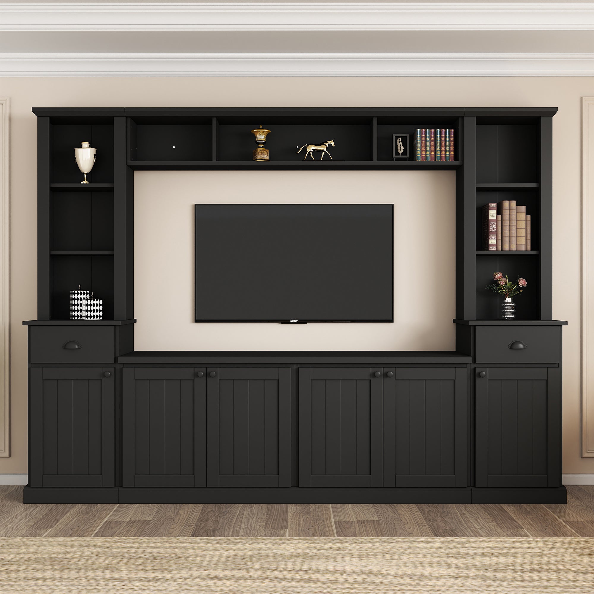 Black entertainment center with left pier right pier and TV console
