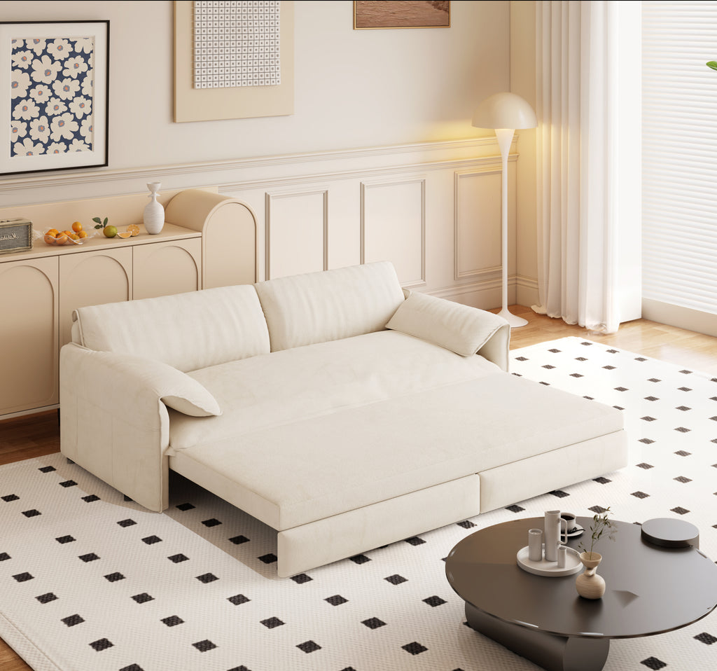 Beige white velvet sofa bed — angle view
