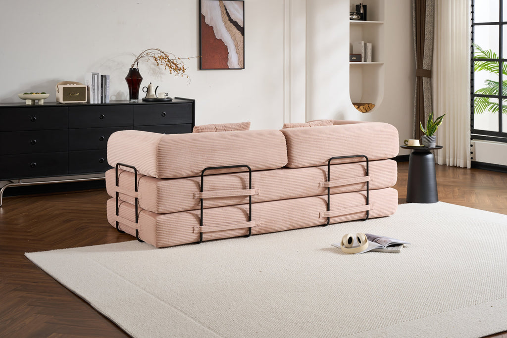 Convertible Sleeper Sofa Bed with Cylindrical Pillow, Corduroy Folding Mattress Couch with Fixed-Shape Frame, Floor Sofa Lounge Couch for Living Room Bedroom Black