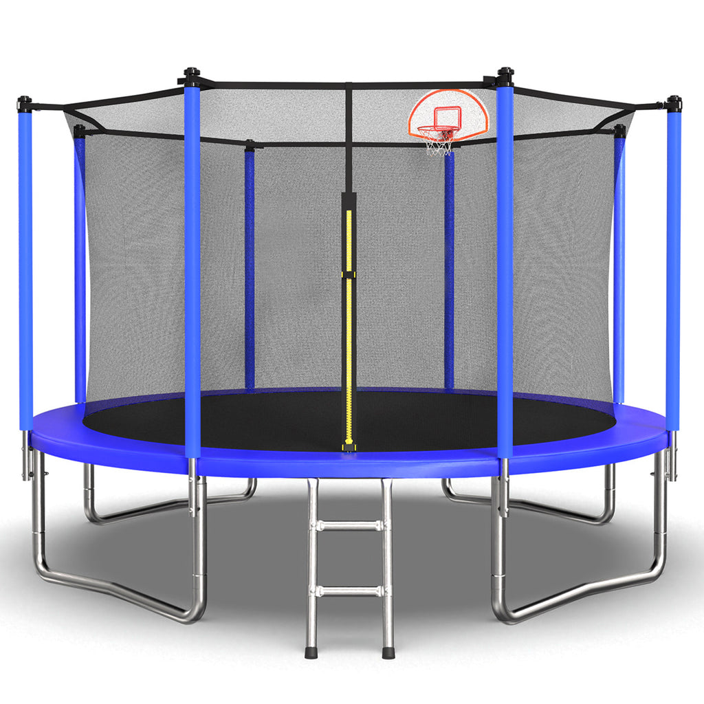 Blue 12-foot outdoor trampoline with basketball hoop — front view