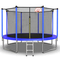 Blue 12-foot outdoor trampoline with basketball hoop — front view