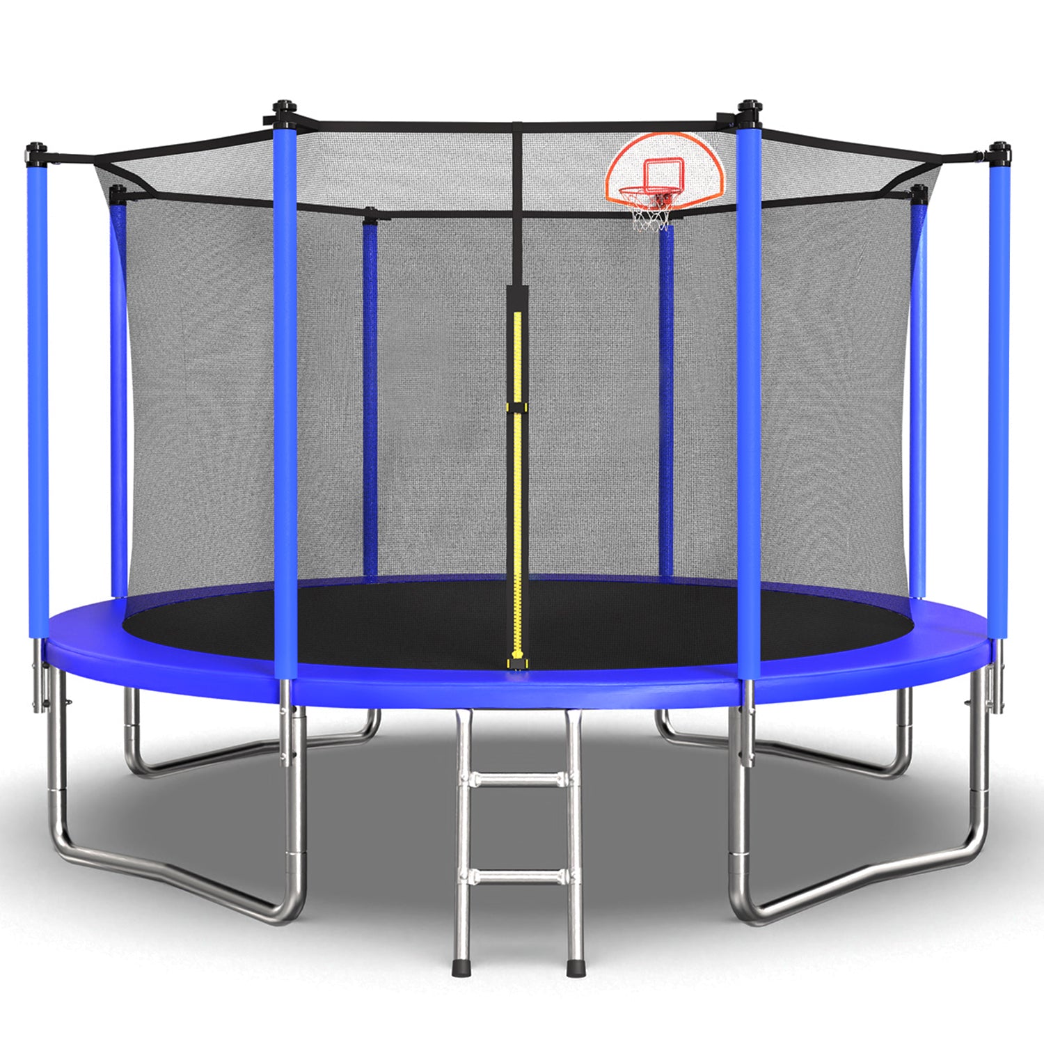 Blue 12-foot outdoor trampoline with basketball hoop — front view
