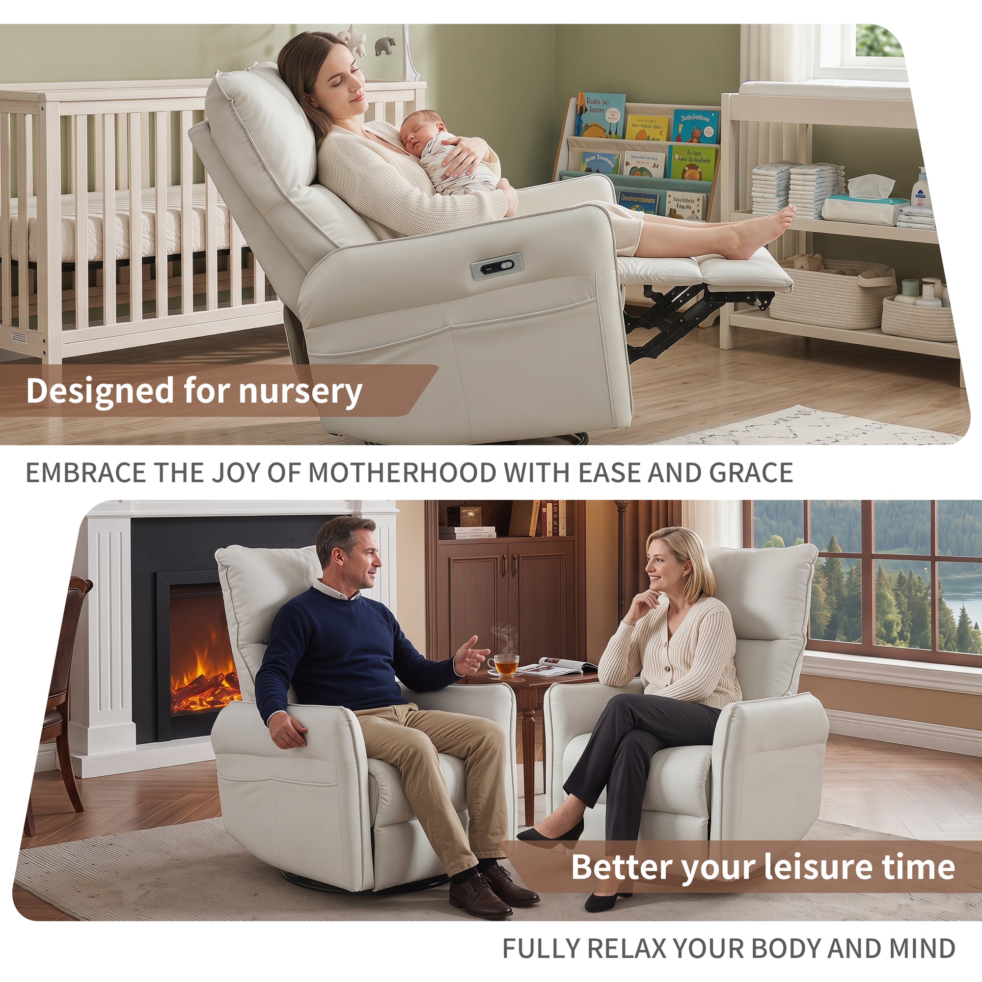 Power swivel rocker recliner with USB ports — side profile
