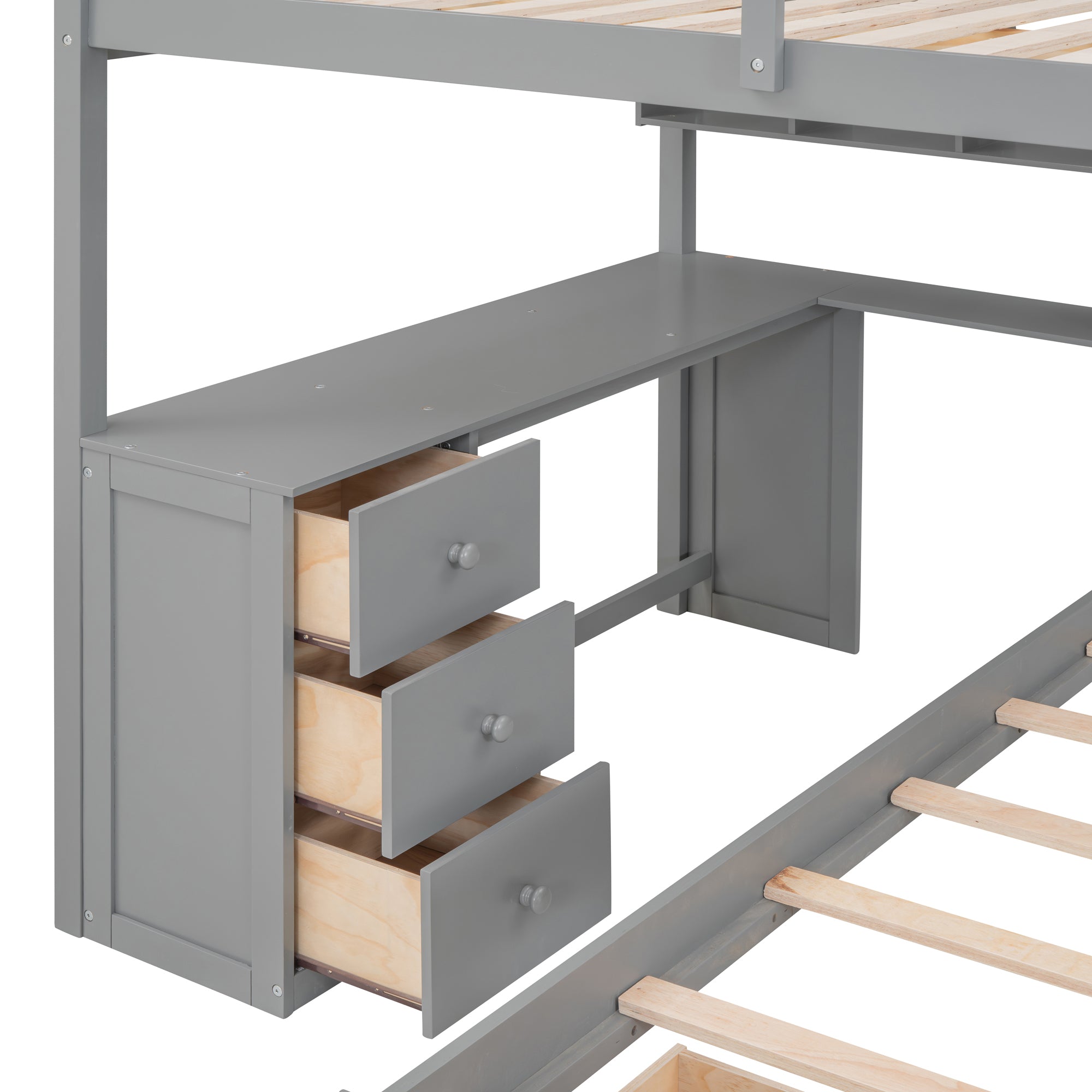 Staircase drawer storage pulled out from bunk bed frame