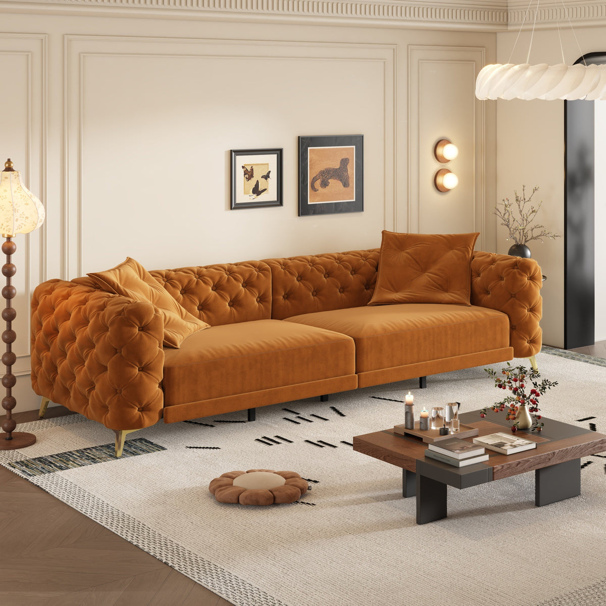 97.7' 3-in-1 Convertible Sleeper Sofa, 28.4' Deep Seat Pull Out Sofa Bed,Button Tufted Modern Sofa, 4-Seater Couch with Movable Ottoman for Apartment, Office, Bedroom,Beige/White
