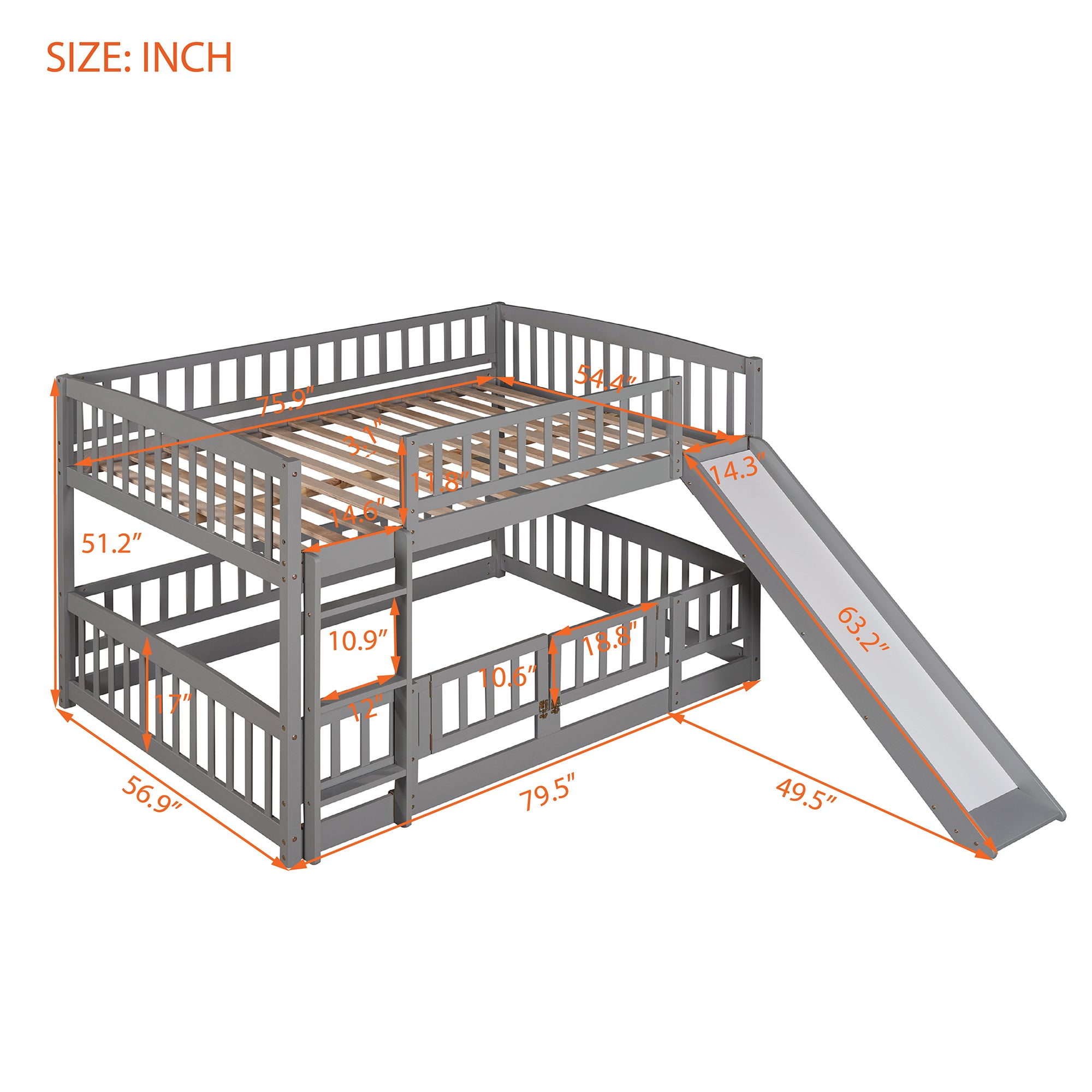 Gray full bunk bed assembly and dimension reference