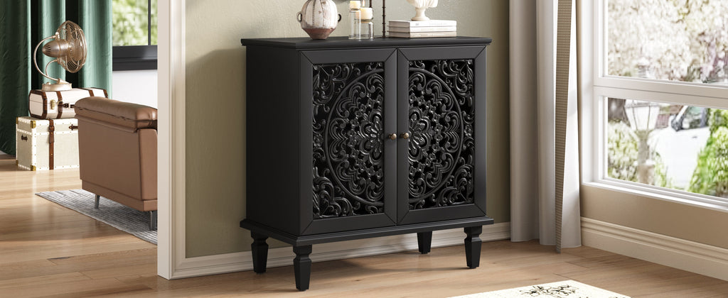 Vintage Hollow-Carved Accent Cabinet, 2-Door Display Storage Sideboard with Symmetrical Floral Design, Adjustable Shelf and Solid Wood Legs for Living Room Entryway(Antique Green)