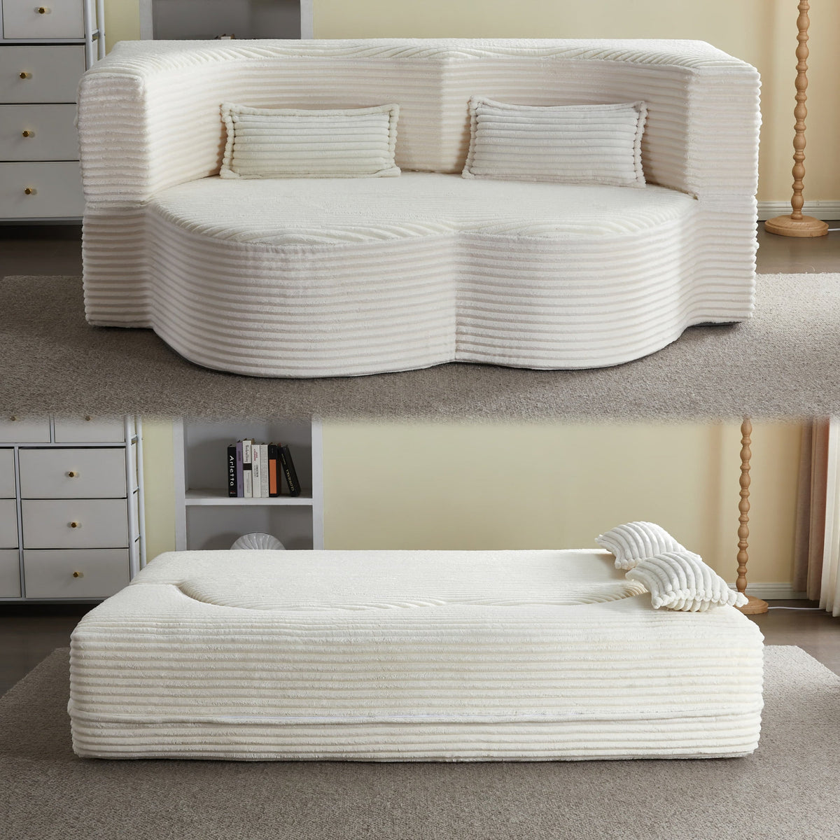 Modern Floor Sofa with 2 Pillows, Convertible Plush Corduroy Foam-Filled Sleeper Sofa Bed,15 ' Full Size Folding Mattress for Living Room, Guest Bed, no assembly required, Light Grey