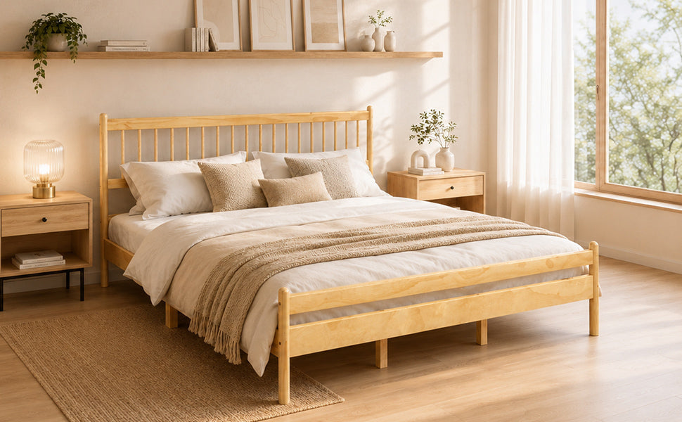 Traditional Style King Size Bed with Headboard and Footboard, Pinewood Bed with Strengthened Bed Frame,Walnut