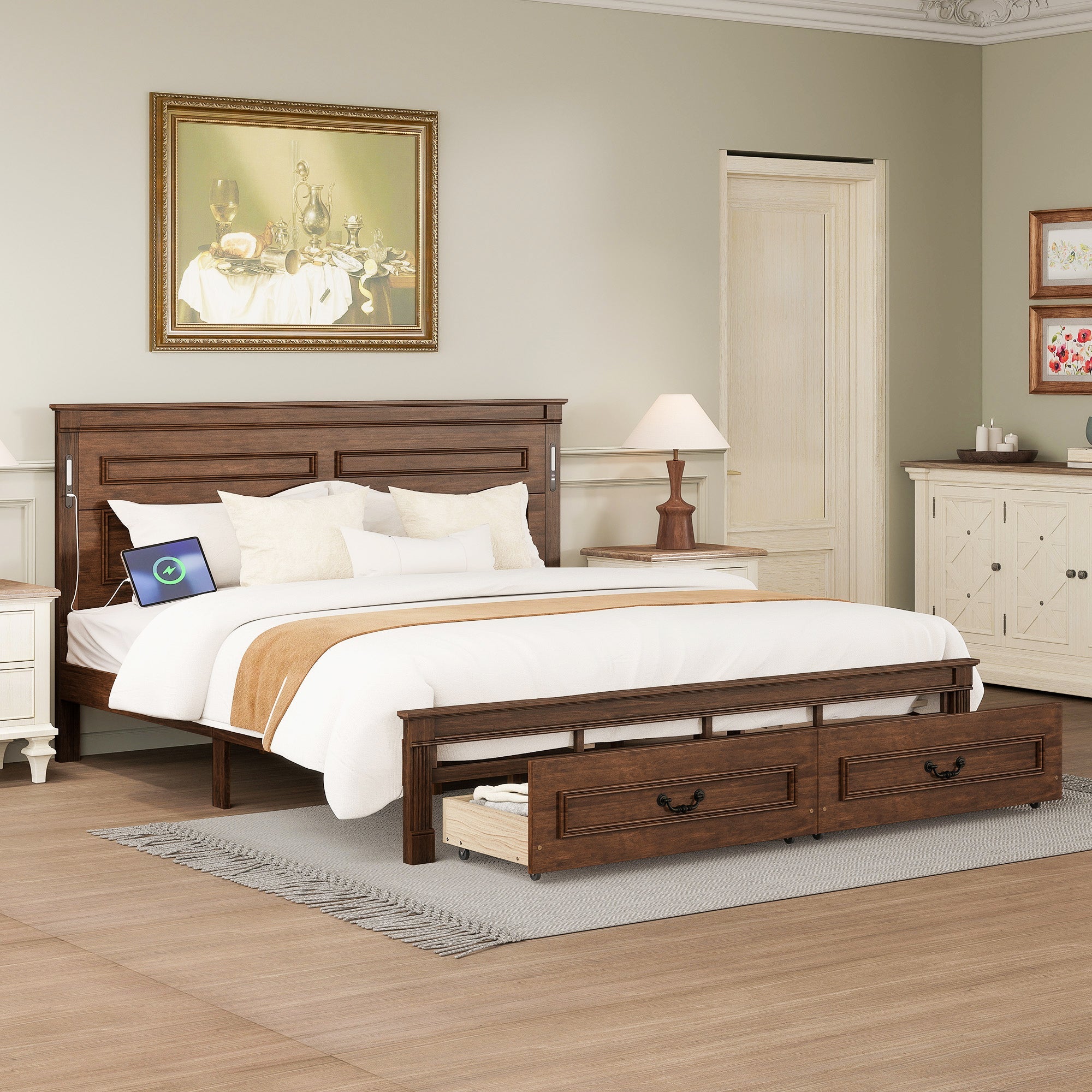 King Size Bed with Tall-Panel Headboard & Footboard, 2 Storage Drawers, Built-in LED Lights, USB Charging Station, Pinewood Bed with Strengthened Bed Frame ,White