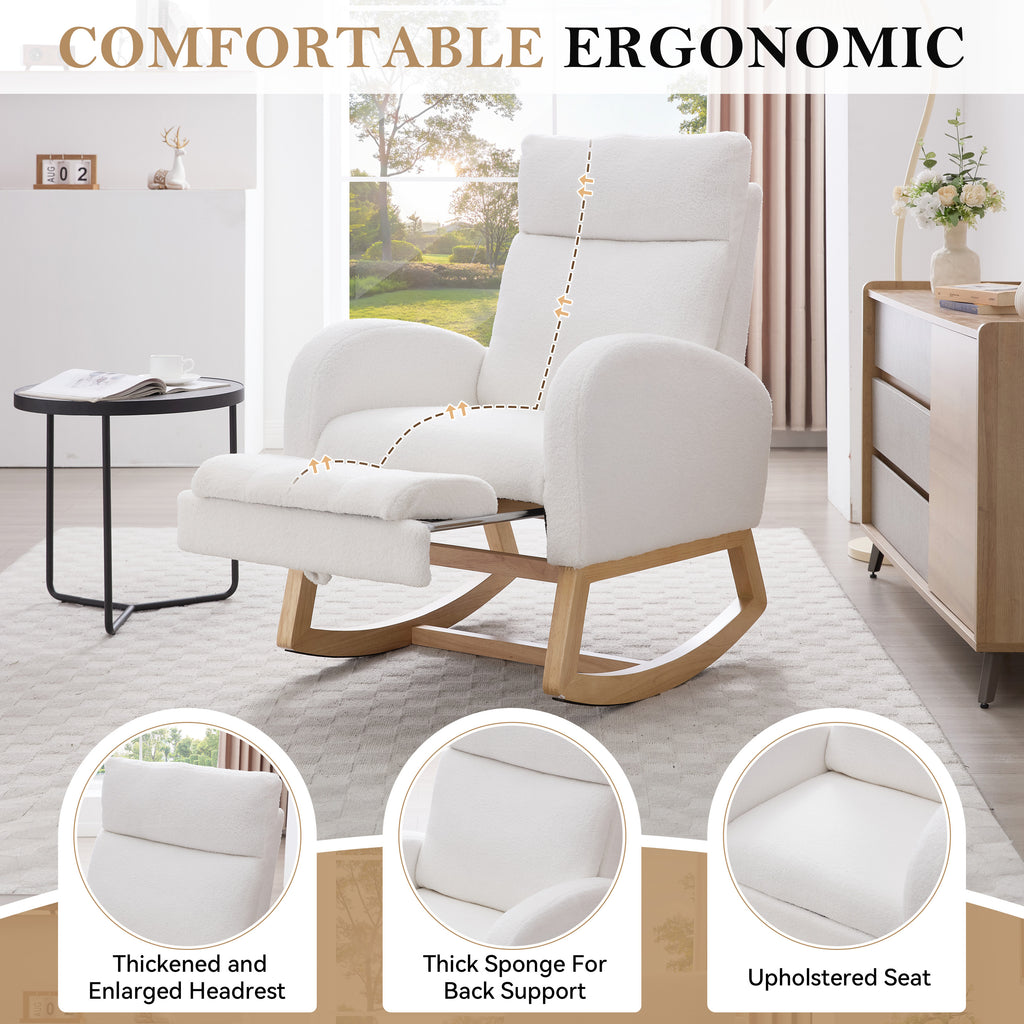 White rocking chair with thickened headrest — profile view