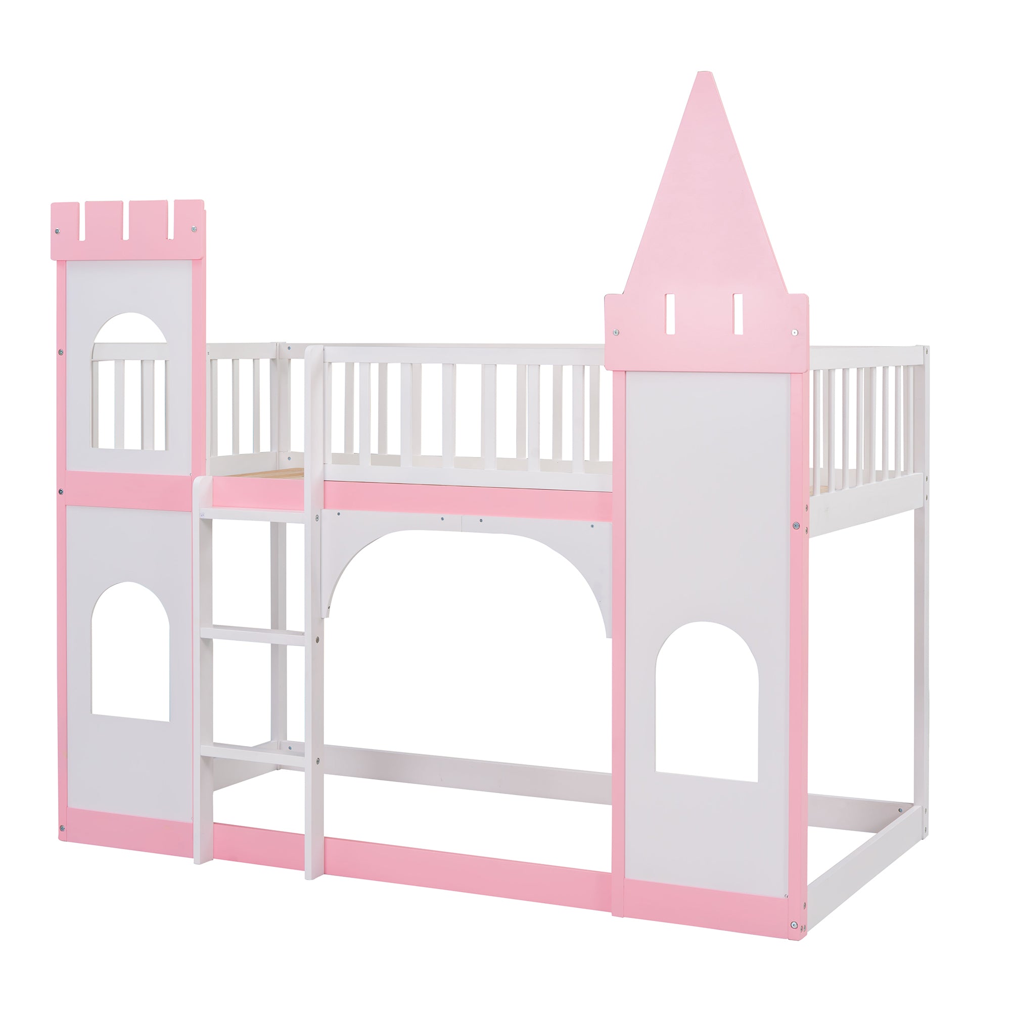 Twin over twin castle bunk bed ladder and upper bunk view