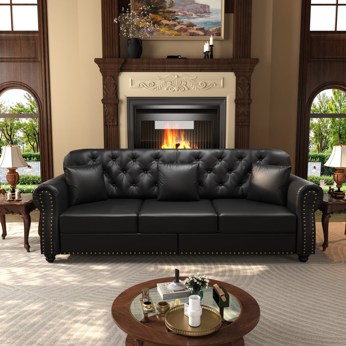 82.6'Upholstered Faux Leather Sofa with Nailhead Trim and Rolled Armrests,Mid-Century Modern Chesterfield Sofa with Button Tufted,Includes 3 Pillows,Black