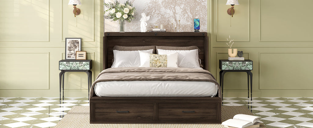 Queen Size Farmhouse Murphy Cabinet Bed with Charging Station, Foldable Platform Bed with Large Storage Drawer for Guest-Room, Small Bedroom, White(Old SKU: N733S237837W)