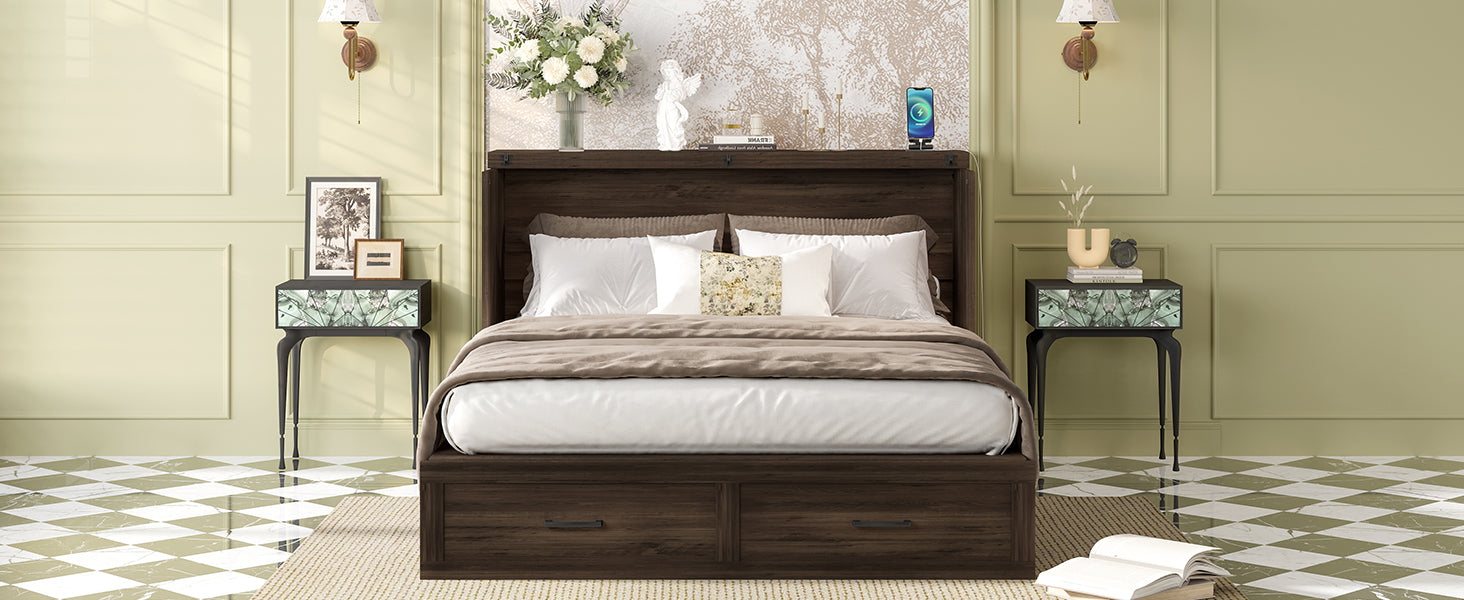 Queen Size Farmhouse Murphy Cabinet Bed with Charging Station, Foldable Platform Bed with Large Storage Drawer for Guest-Room, Small Bedroom, White(Old SKU: N733S237837W)