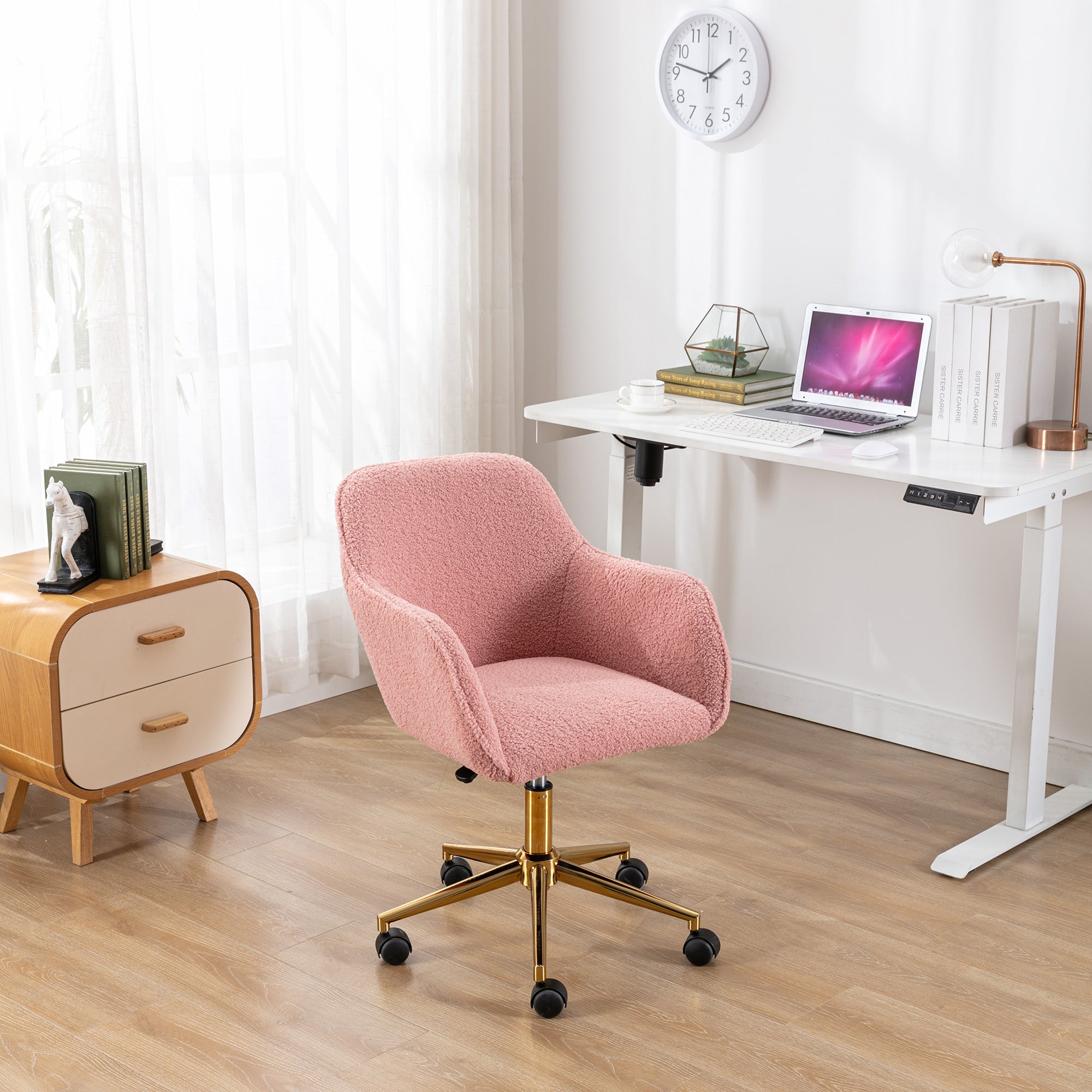 Pink teddy swivel office chair — front view