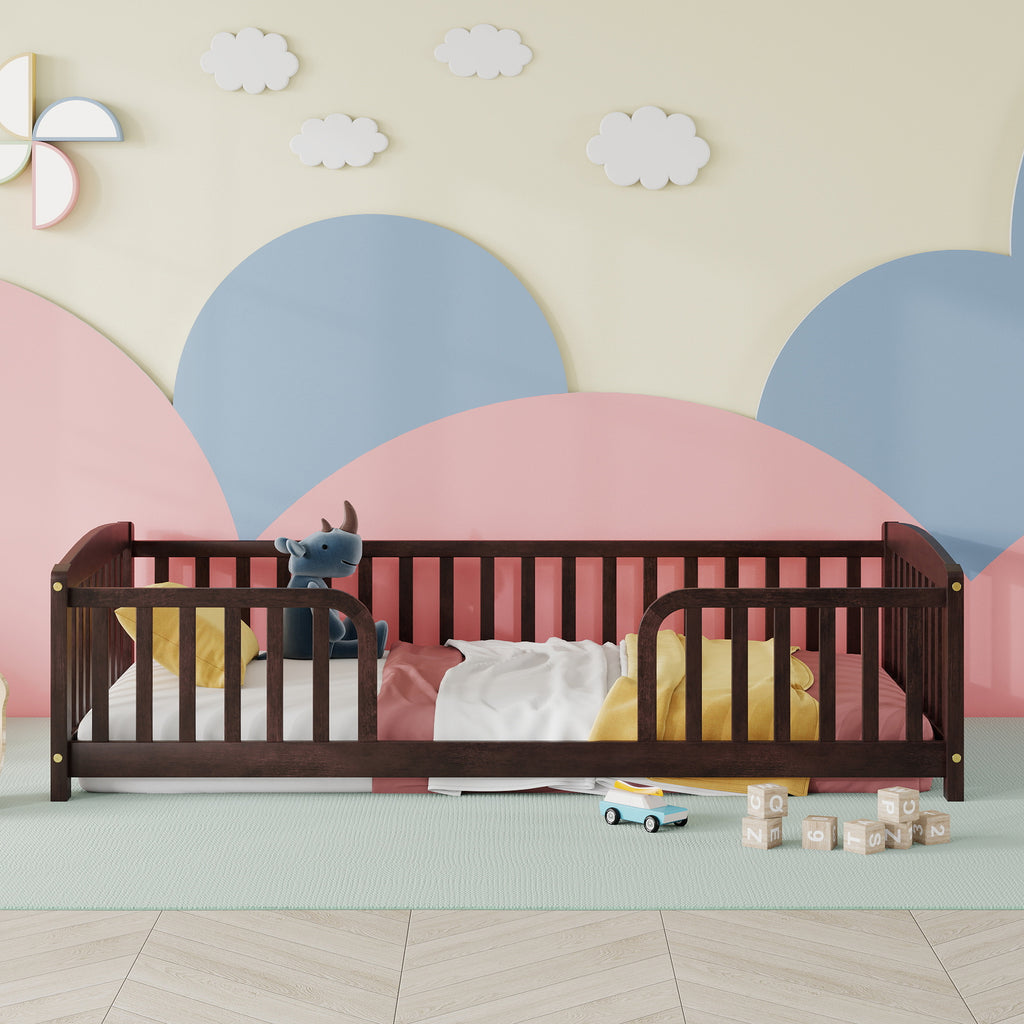 Twin Size Floor Fence Bed with Central Entrance,Pine Wood Floor bed with Guardrails,Espresso