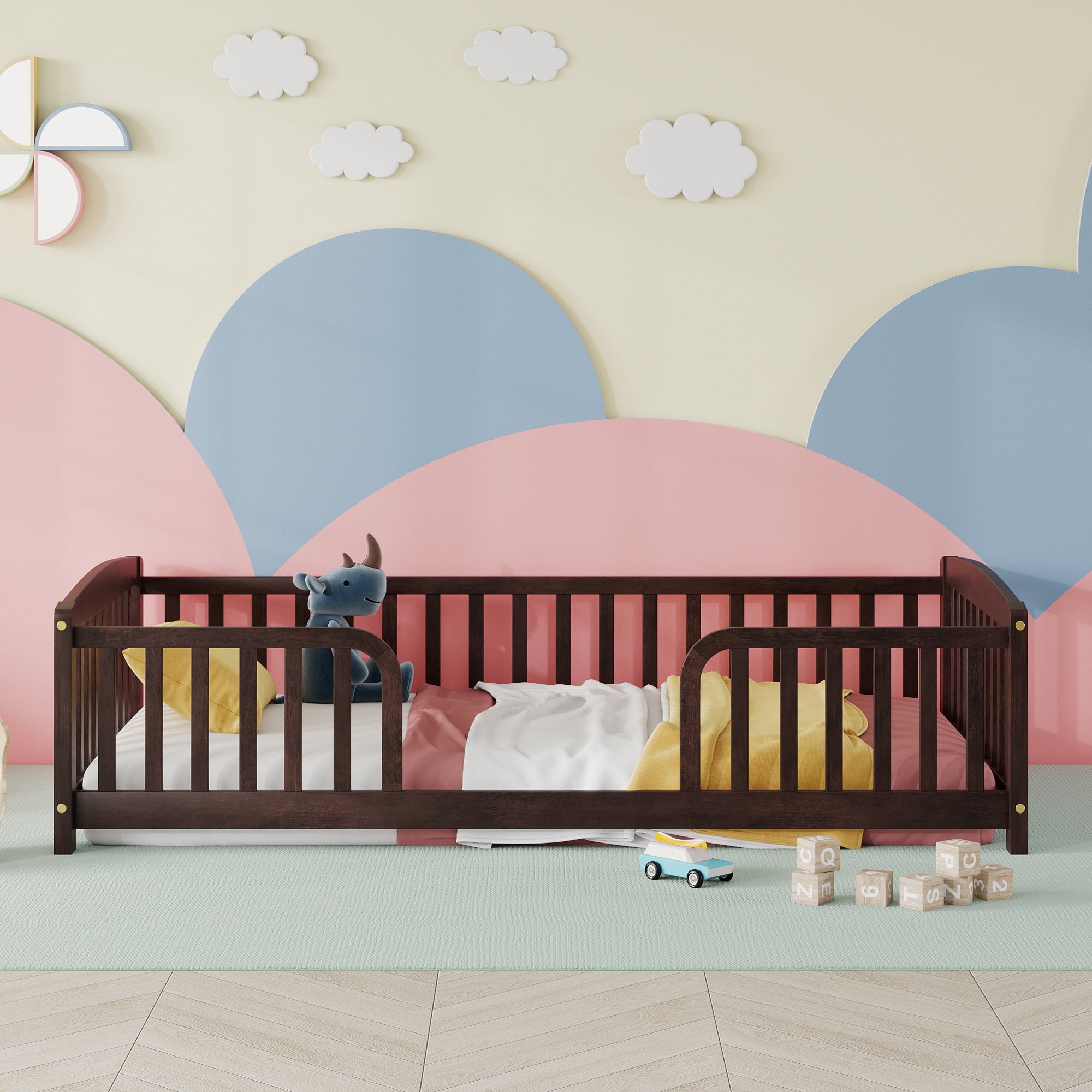 Twin Size Floor Fence Bed with Central Entrance,Pine Wood Floor bed with Guardrails,Espresso