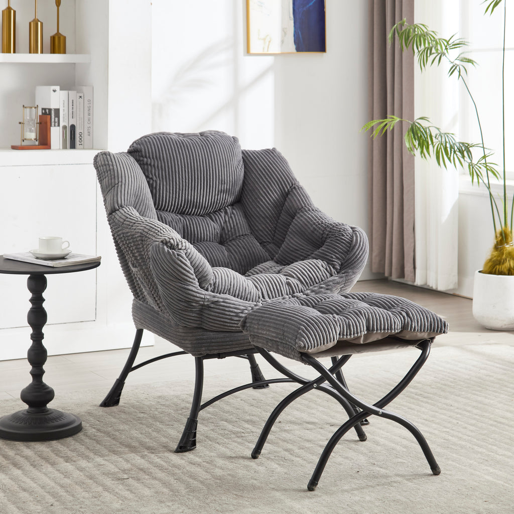 Gray lazy lounge chair with ottoman and side pocket — front view