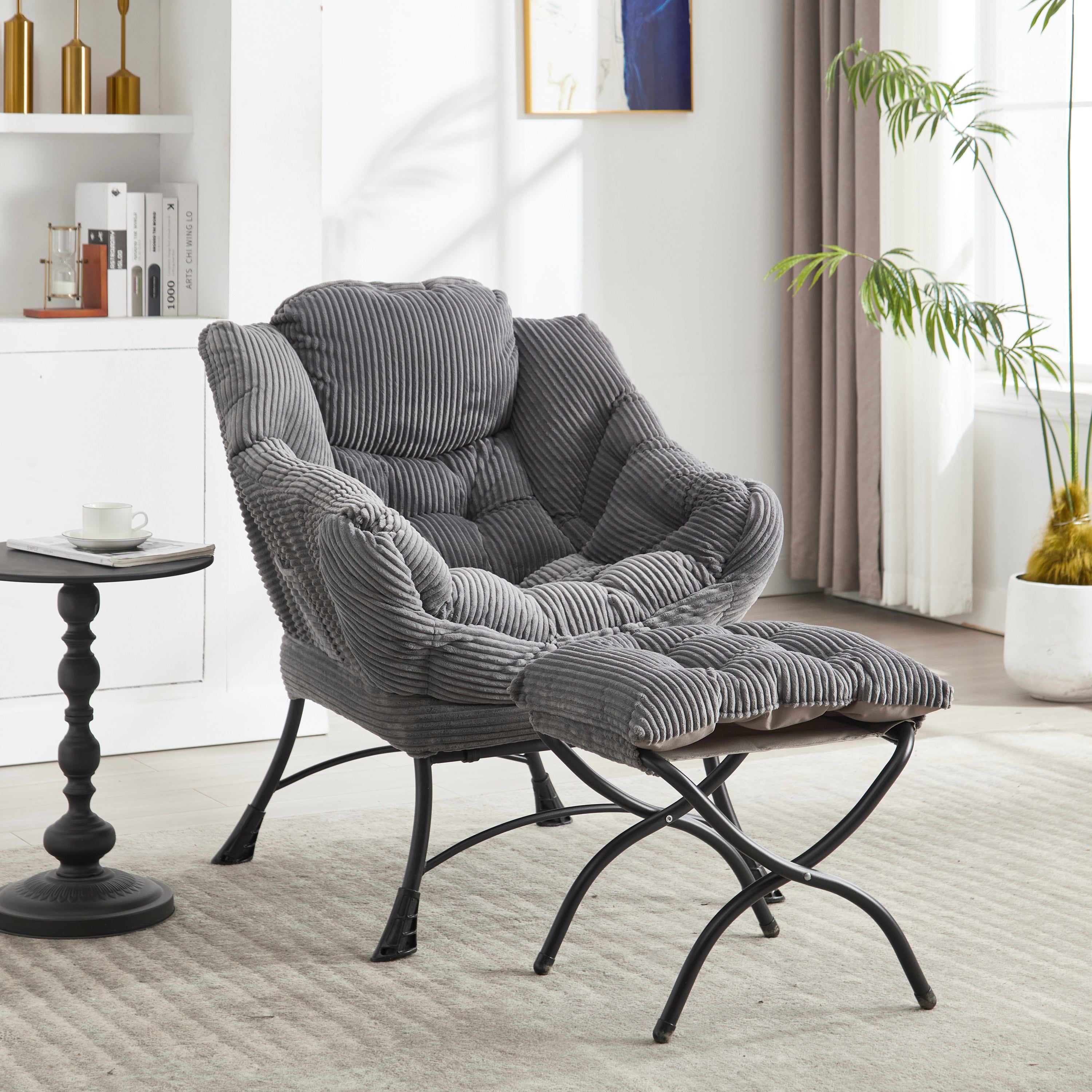 Gray lazy lounge chair with ottoman and side pocket — front view