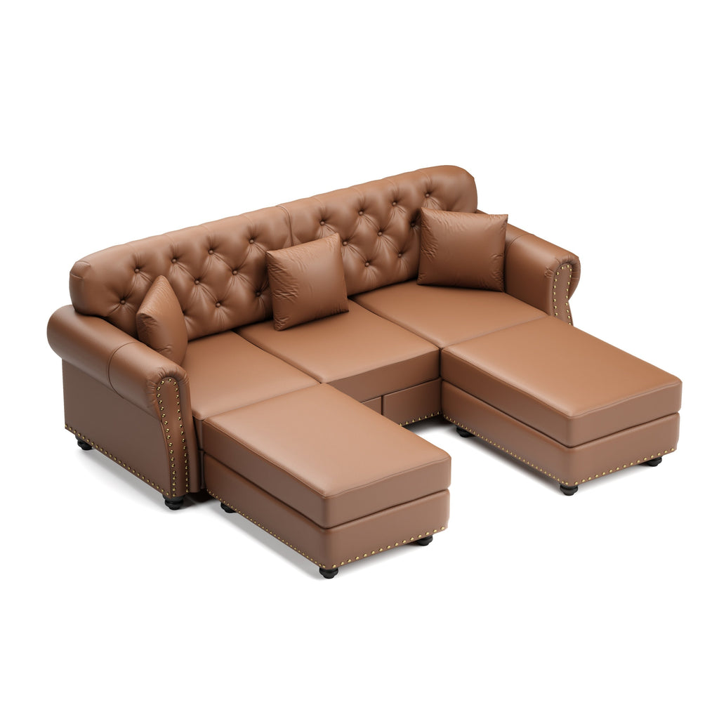 82.6'Upholstered Faux Leather Sofa with Nailhead Trim and Rolled Armrests,Mid-Century Modern Chesterfield Sofa with Button Tufted,Includes 3 Pillows,Black