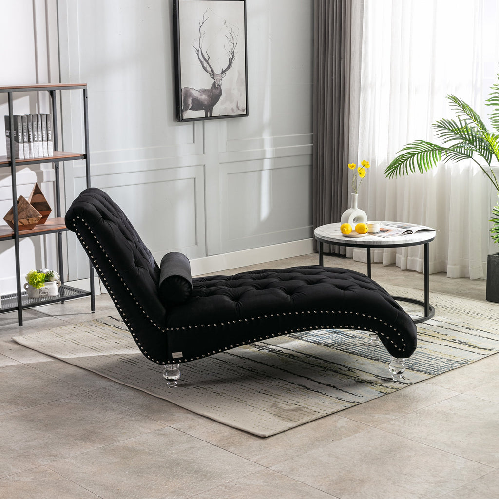 Velvet Chaise Lounge — Button-Tufted with Pillow