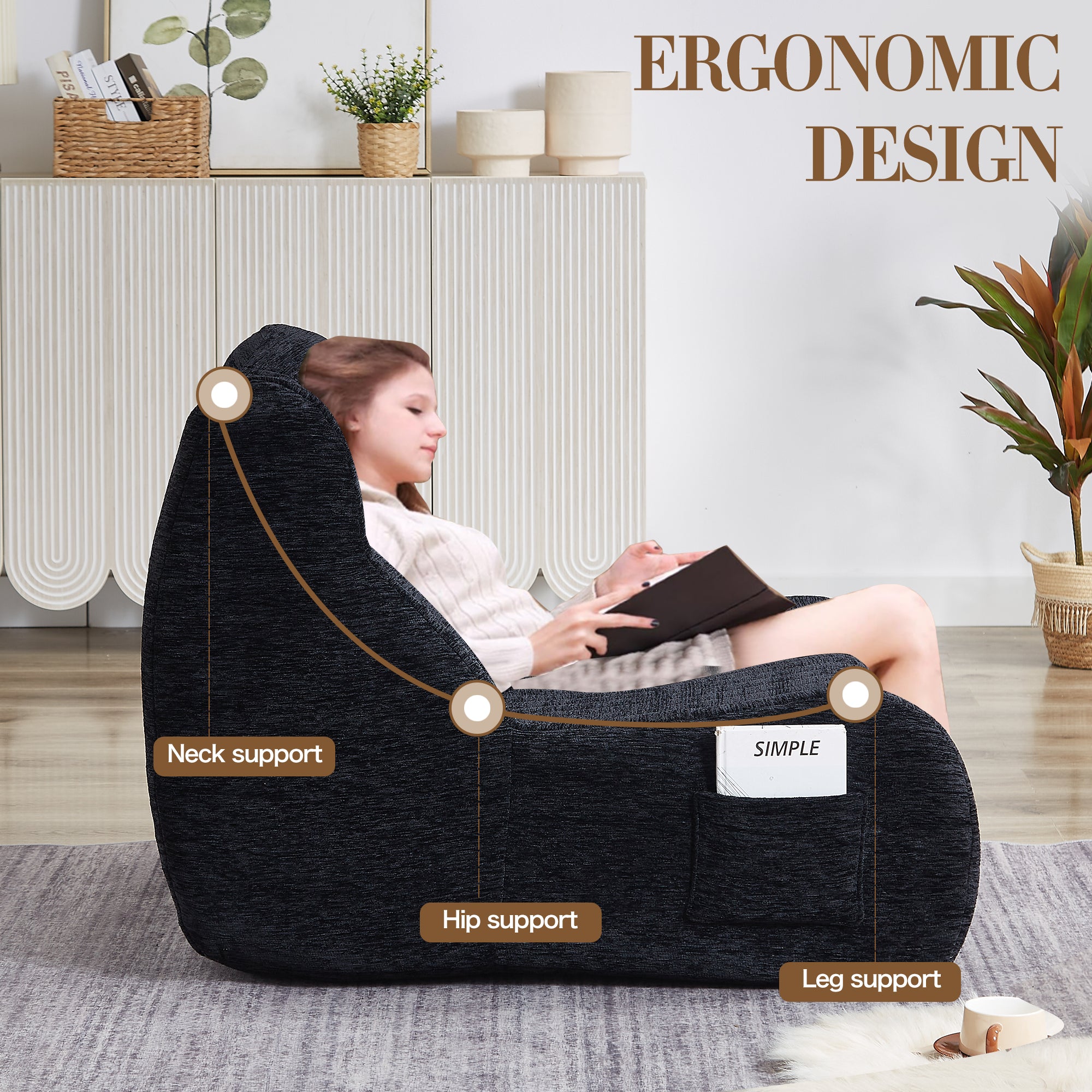 Black bean bag chair breathable skin-friendly soft chenille fabric