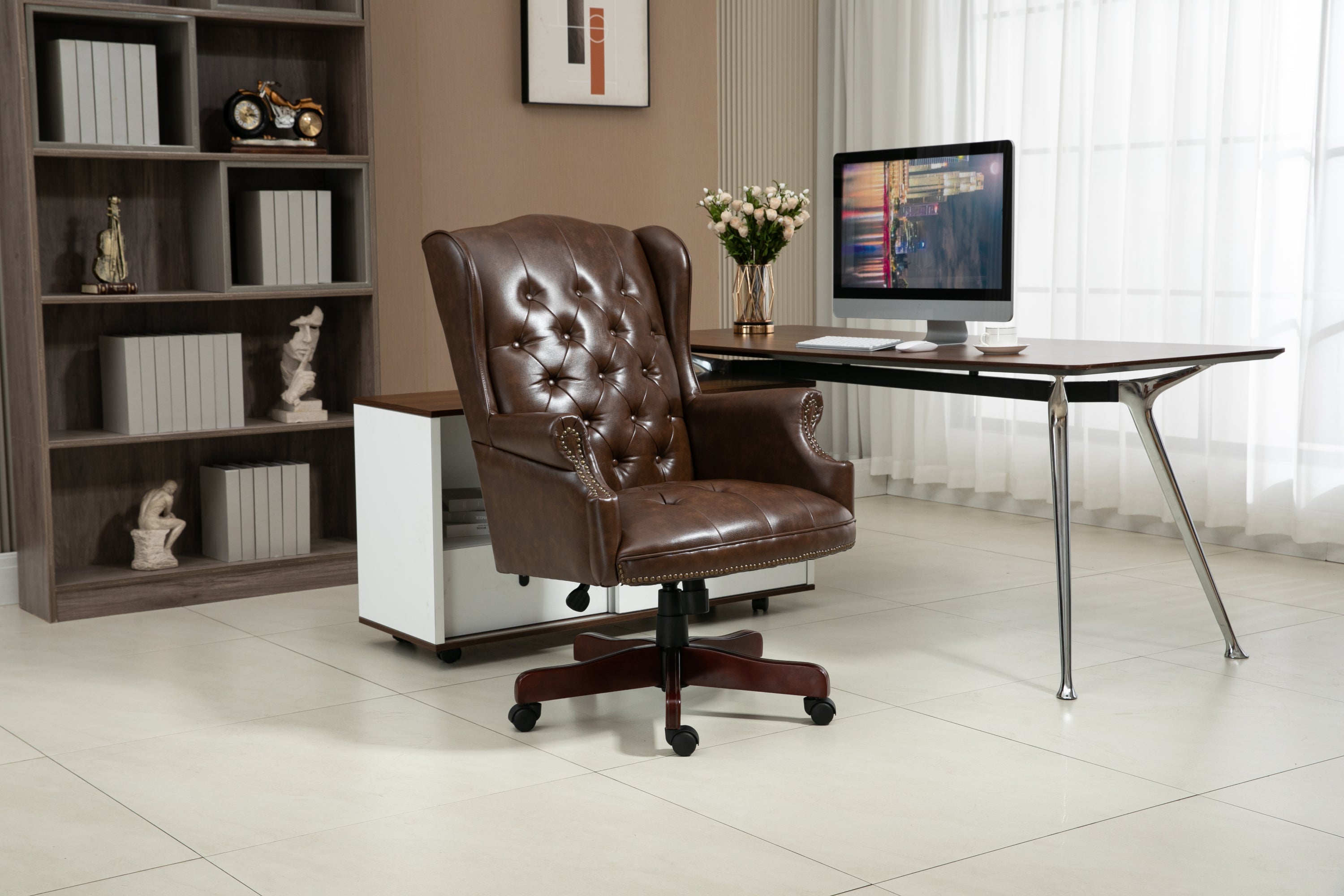 Executive Office Chair - High Back Reclining Comfortable Desk Chair - Ergonomic Design - Thick Padded Seat and Backrest - PU Leather Desk Chair with Smooth Glide Caster Wheels, 1 Pack Brown