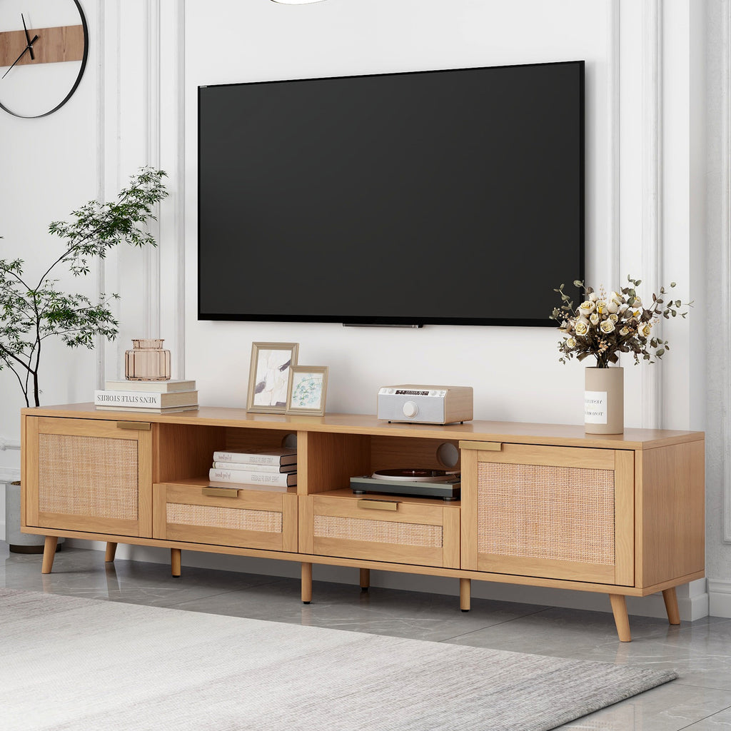 Rattan cabinet detail on natural wood TV stand