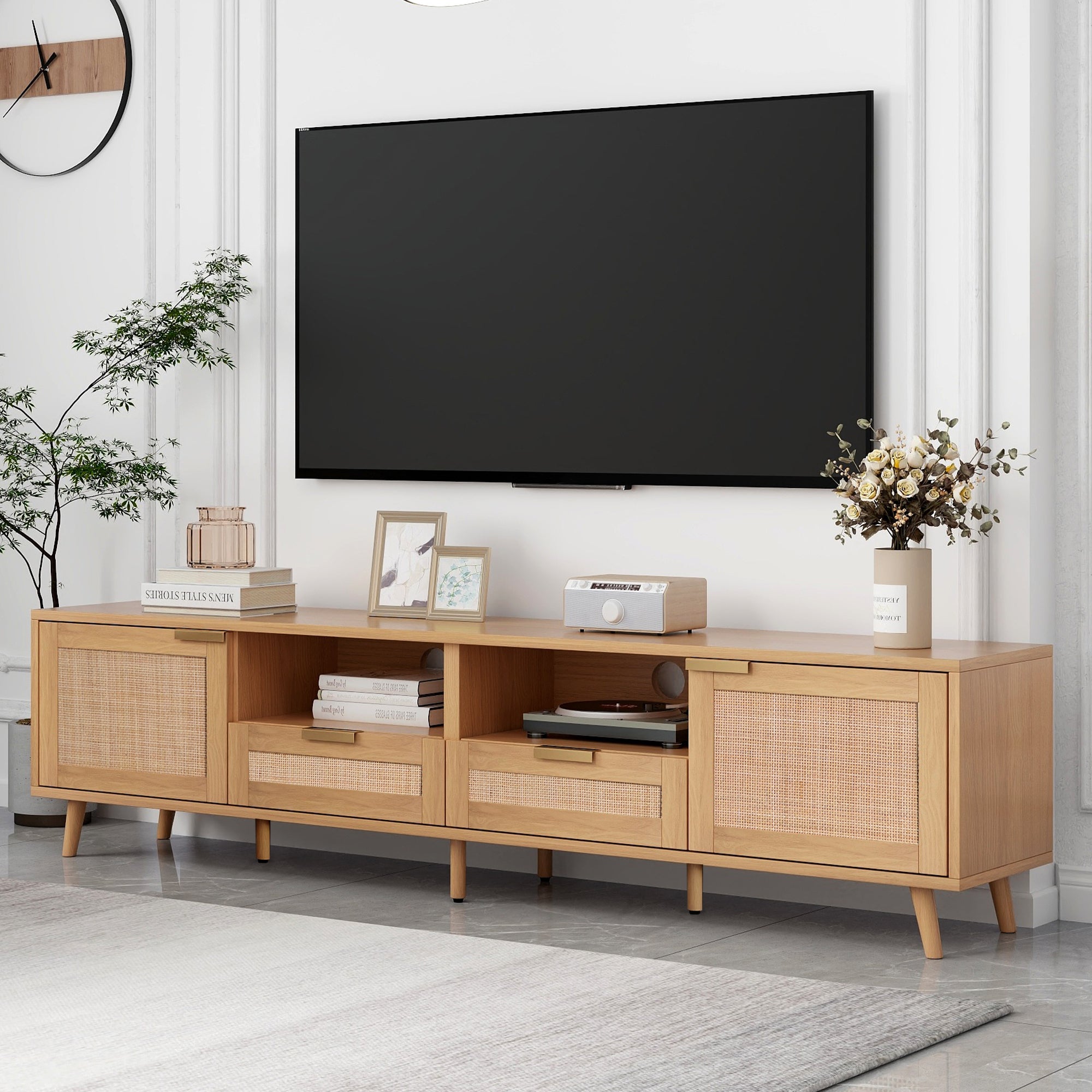 Rattan cabinet detail on natural wood TV stand