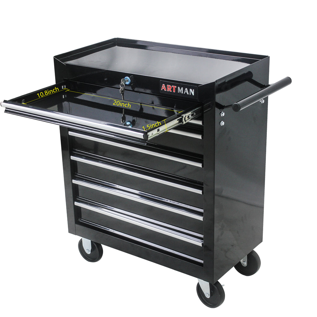 Black powder-coated steel tool cart side profile with pull handle