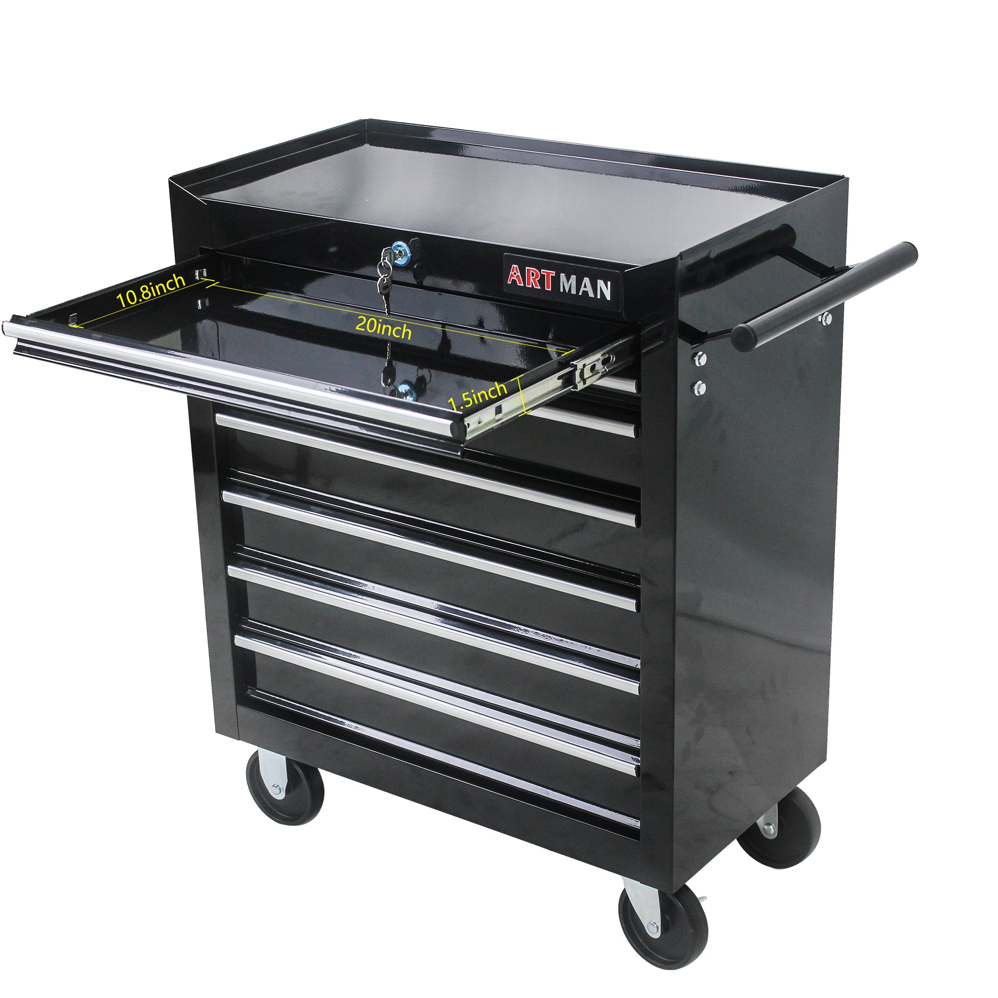 Black powder-coated steel tool cart side profile with pull handle